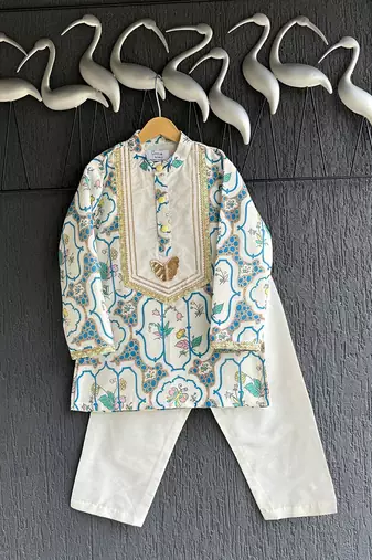 Off white printed cotton silk kurta set
