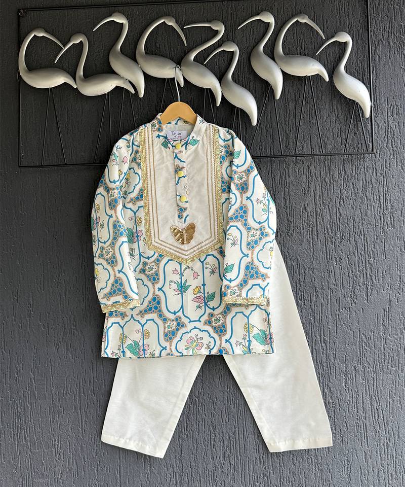 Off white printed cotton silk kurta set