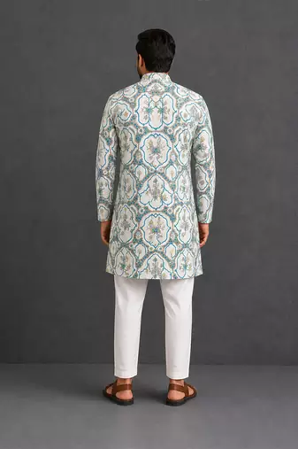 Off white printed cotton silk kurta set