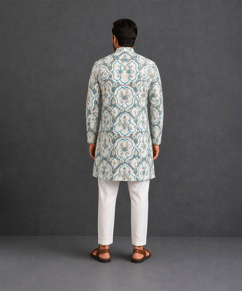 Off white printed cotton silk kurta set