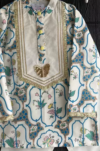 Off white printed cotton silk kurta set