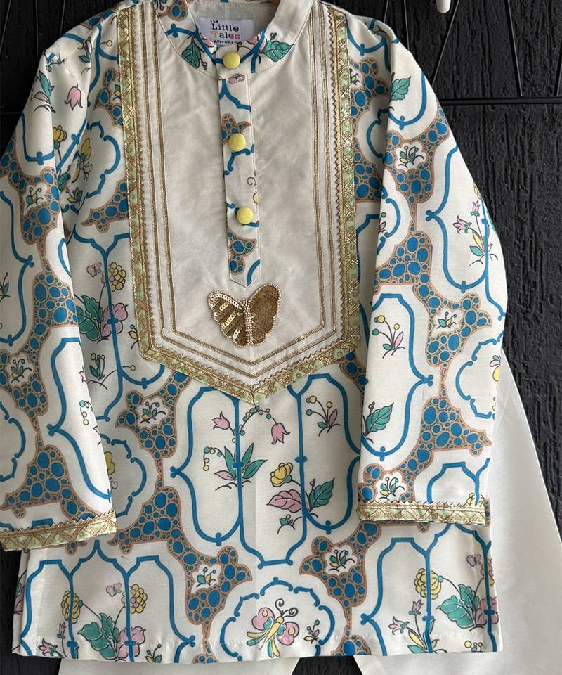 Off white printed cotton silk kurta set