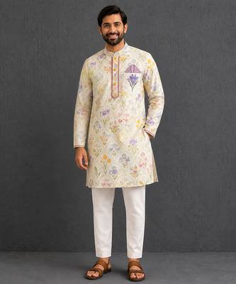 Off white printed cotton silk kurta set 1
