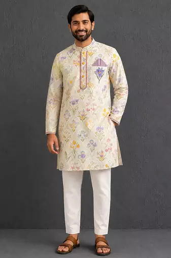 Off white printed cotton silk kurta set