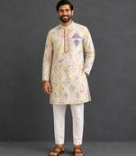 Off white printed cotton silk kurta set