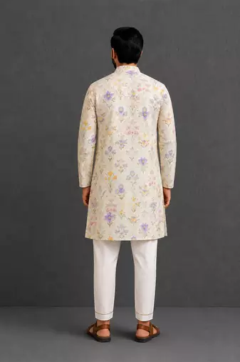 Off white printed cotton silk kurta set