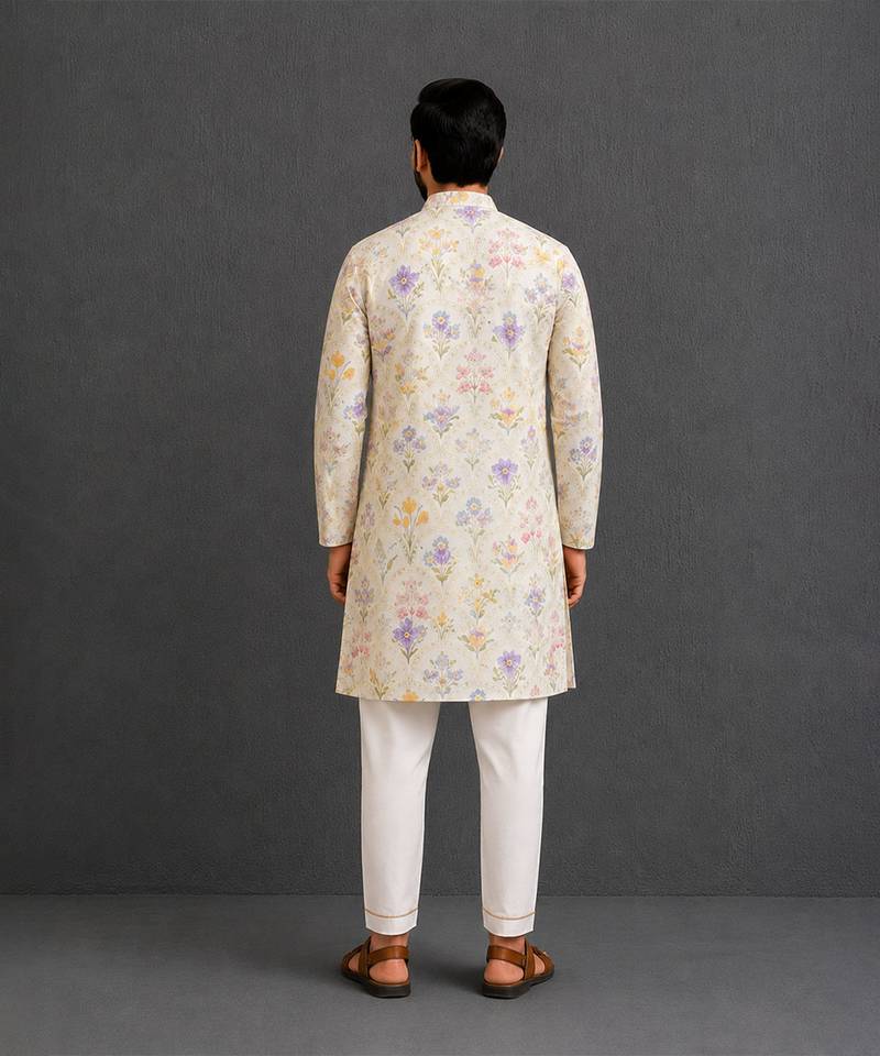 Off white printed cotton silk kurta set