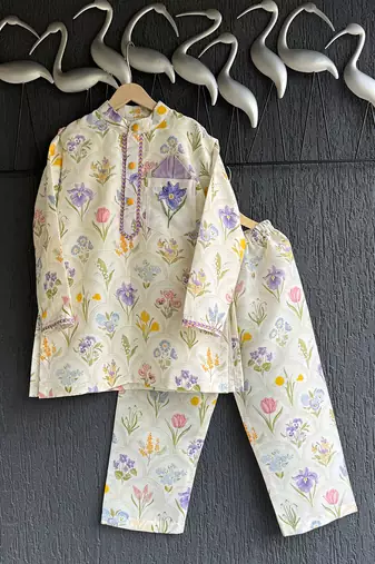 Off white printed cotton silk kurta set