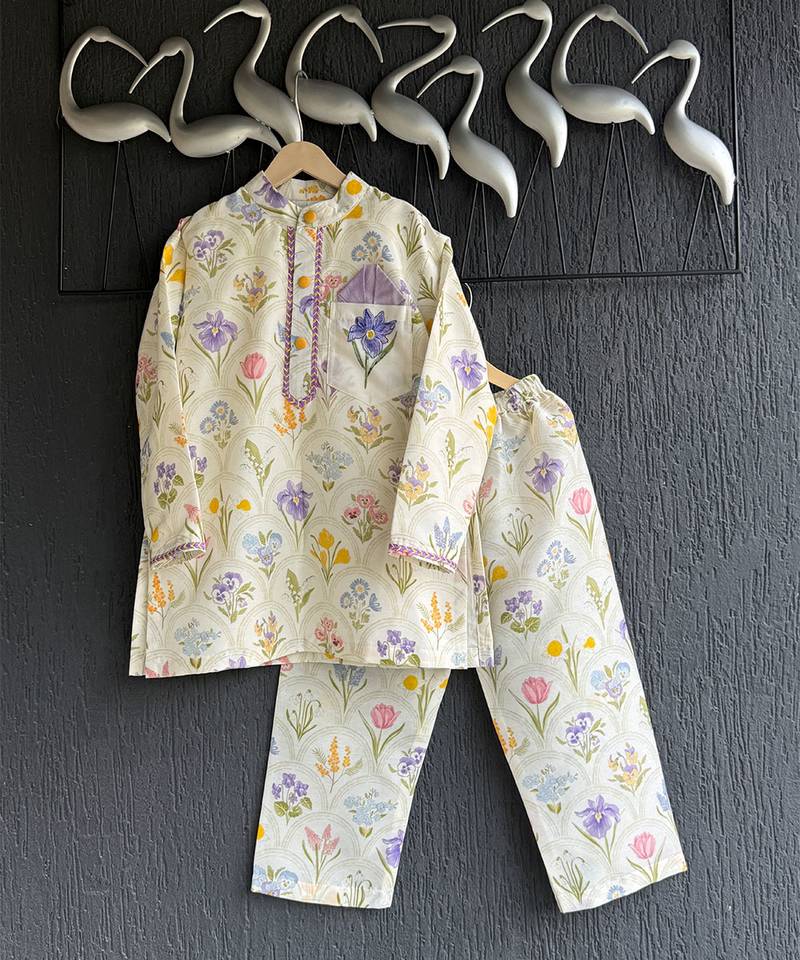 Off white printed cotton silk kurta set
