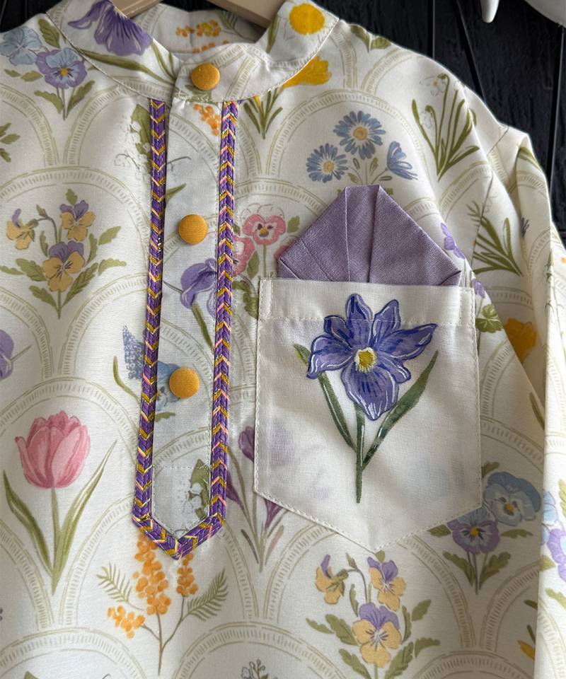Off white printed cotton silk kurta set