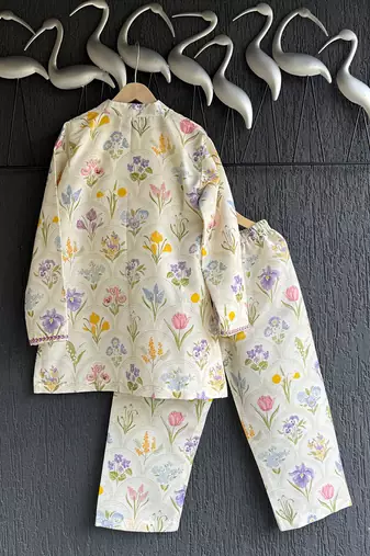 Off white printed cotton silk kurta set