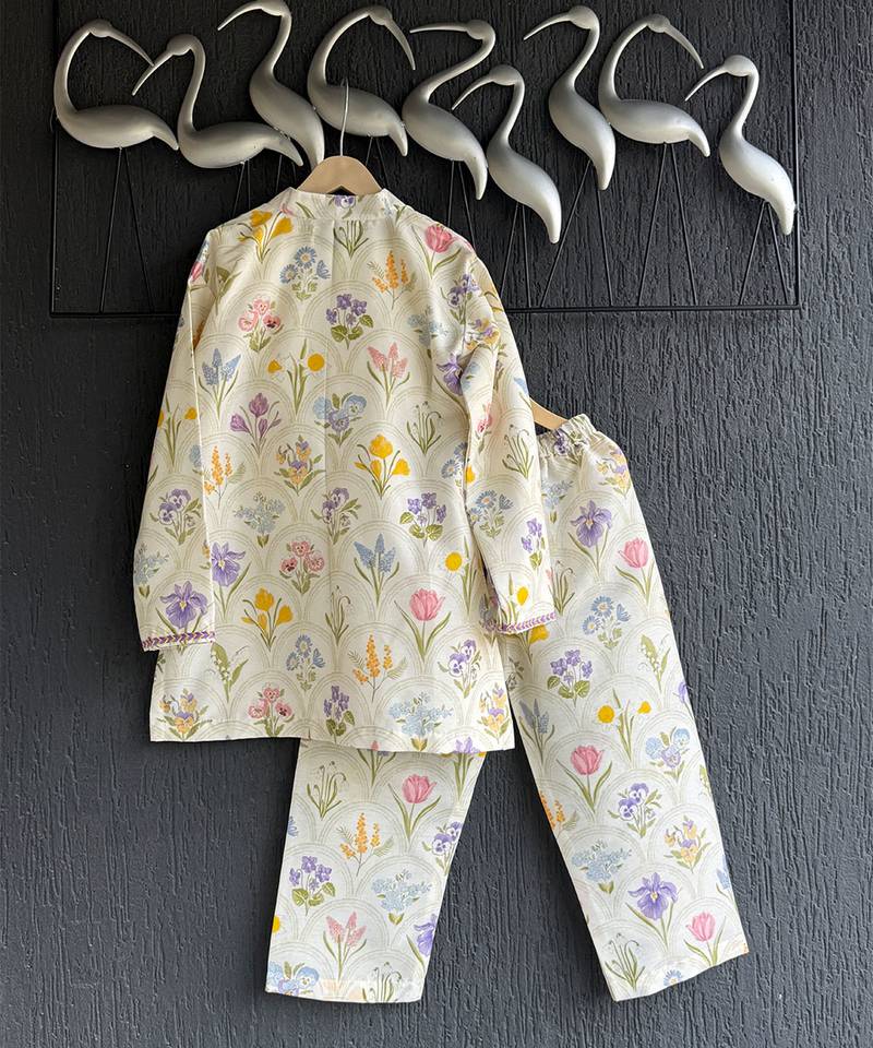 Off white printed cotton silk kurta set