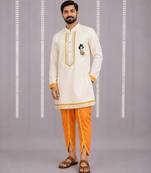 Off white and Orange printed cotton silk kurta set