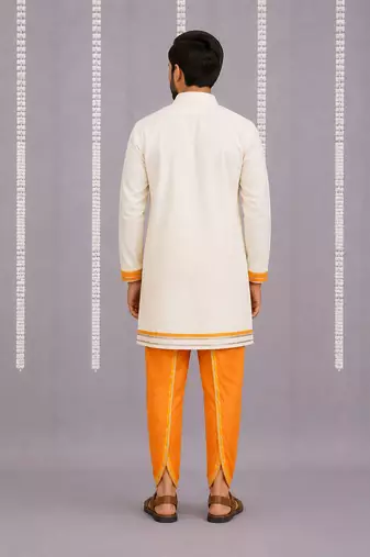 Off white and Orange printed cotton silk kurta set