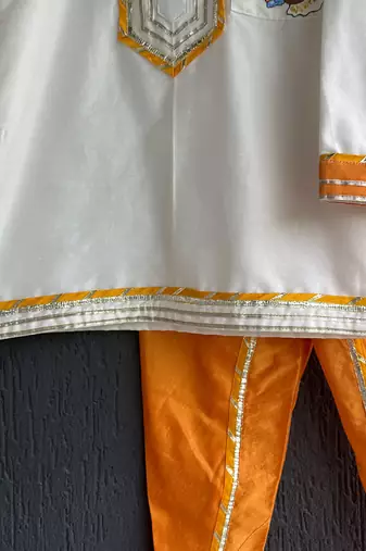 Off white and Orange printed cotton silk kurta set