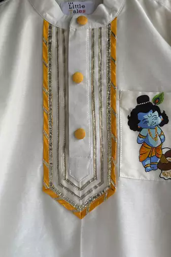 Off white and Orange printed cotton silk kurta set
