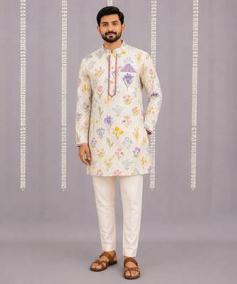 Off white printed cotton silk kurta set 1