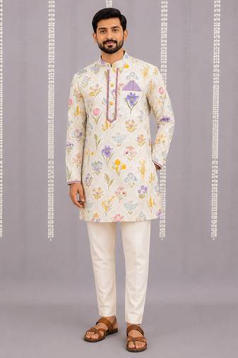 Off white printed cotton silk kurta set