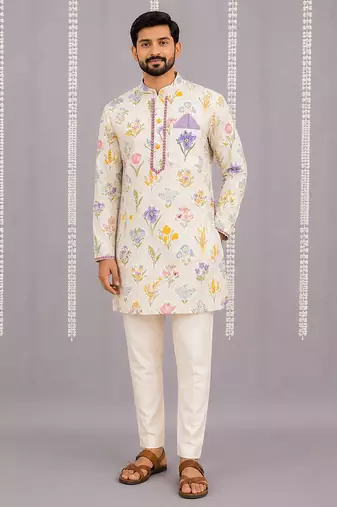 Off white printed cotton silk kurta set
