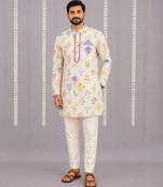 Off white printed cotton silk kurta set
