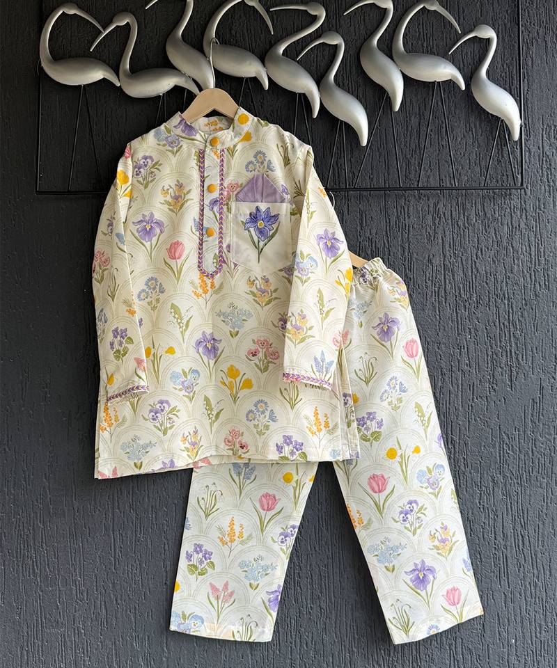 Off white printed cotton silk kurta set