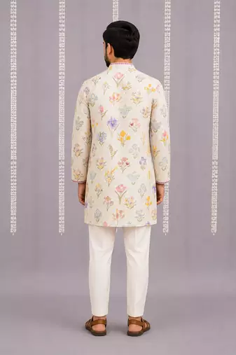 Off white printed cotton silk kurta set