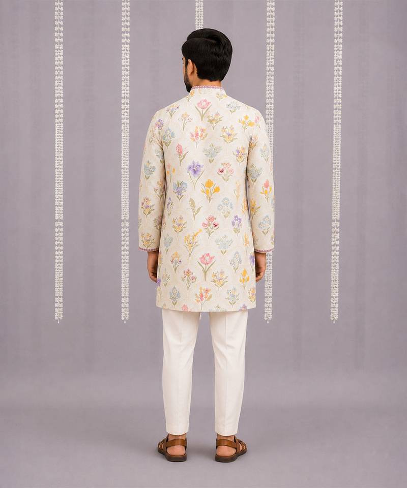 Off white printed cotton silk kurta set