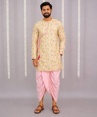 Yellow printed cotton silk dhoti kurta set 1