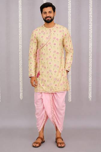 Yellow printed cotton silk dhoti kurta set