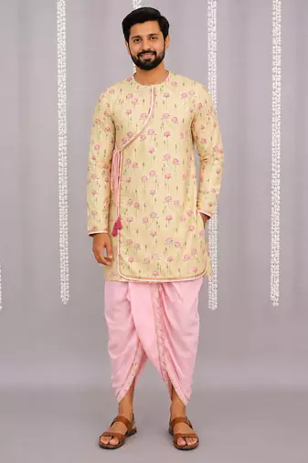 Yellow printed cotton silk dhoti kurta set