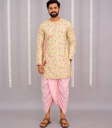 Yellow printed cotton silk dhoti kurta set
