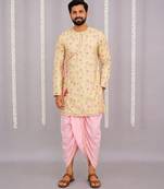 Yellow printed cotton silk dhoti kurta set