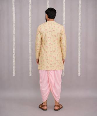 Yellow printed cotton silk dhoti kurta set 2