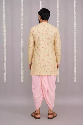 Yellow printed cotton silk dhoti kurta set