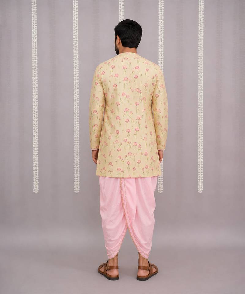 Yellow printed cotton silk dhoti kurta set