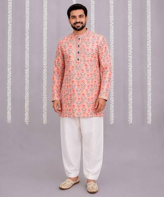 Peach pink printed cotton silk kurta set 1