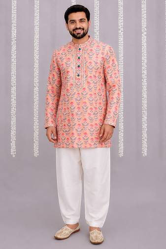 Peach pink printed cotton silk kurta set