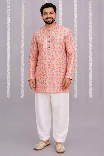 Peach pink printed cotton silk kurta set