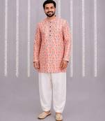 Peach pink printed cotton silk kurta set