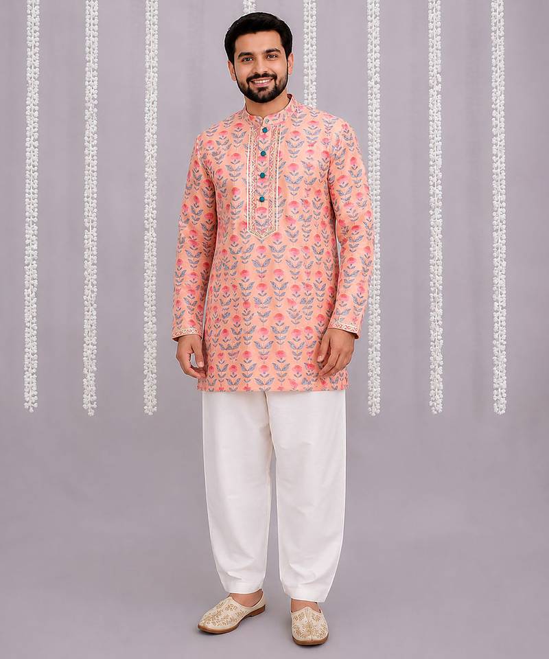 Peach pink printed cotton silk kurta set