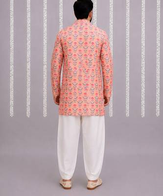 Peach pink printed cotton silk kurta set 2