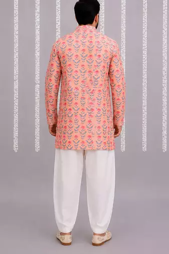 Peach pink printed cotton silk kurta set
