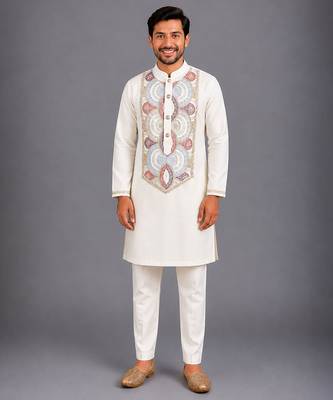 Off white embroidered cotton silk kurta set 1