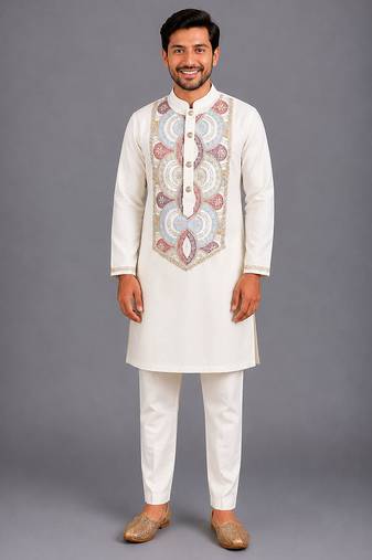 Off white embroidered cotton silk kurta set