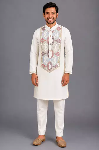 Off white embroidered cotton silk kurta set