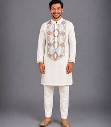 Off white embroidered cotton silk kurta set