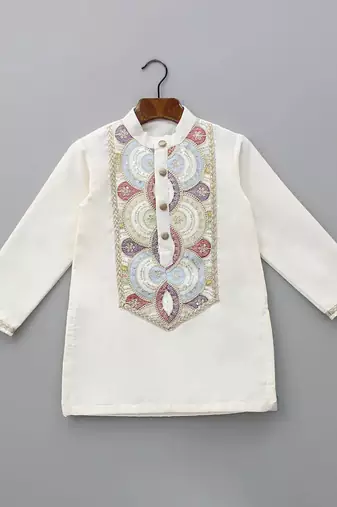 Off white embroidered cotton silk kurta set
