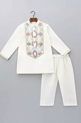 Off white embroidered cotton silk kurta set