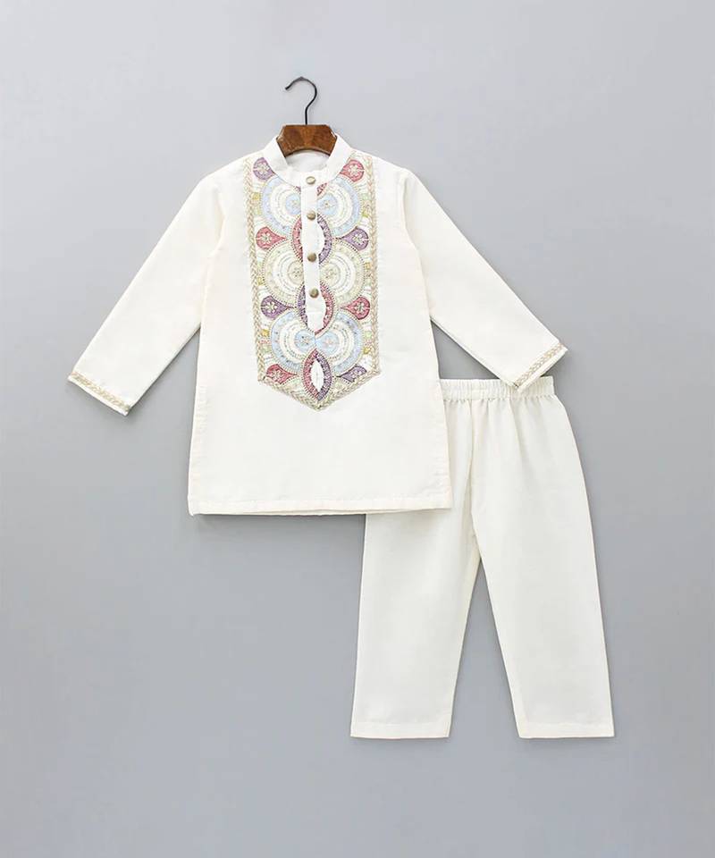 Off white embroidered cotton silk kurta set