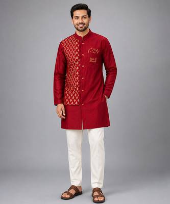 Maroon embroidered cotton silk kurta set 1